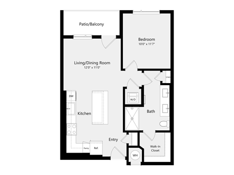 Floor plan for 1 bed, 1 bath, 663 sqft